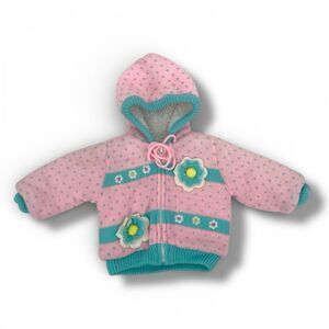 VTG Baby Pink Pastel Knit Sweater Sherpa Tiny Tots 80s 90s Coat Flower Hood 0-6m